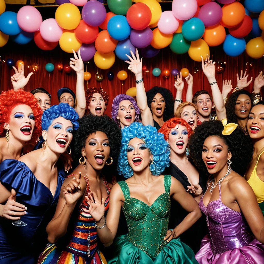 A lively and colorful scene depicting a diverse group of individuals engaging in a vibrant social event, featuring eye-catching drag performances on stage with bold costumes and dramatic lighting. Include an enthusiastic audience, conversation bubbles capturing their excitement, and a backdrop of colorful decorations celebrating inclusivity. The atmosphere should feel festive and welcoming, representing a celebration of identity and community. super-realistic. vibrant colors. dynamic composition.
