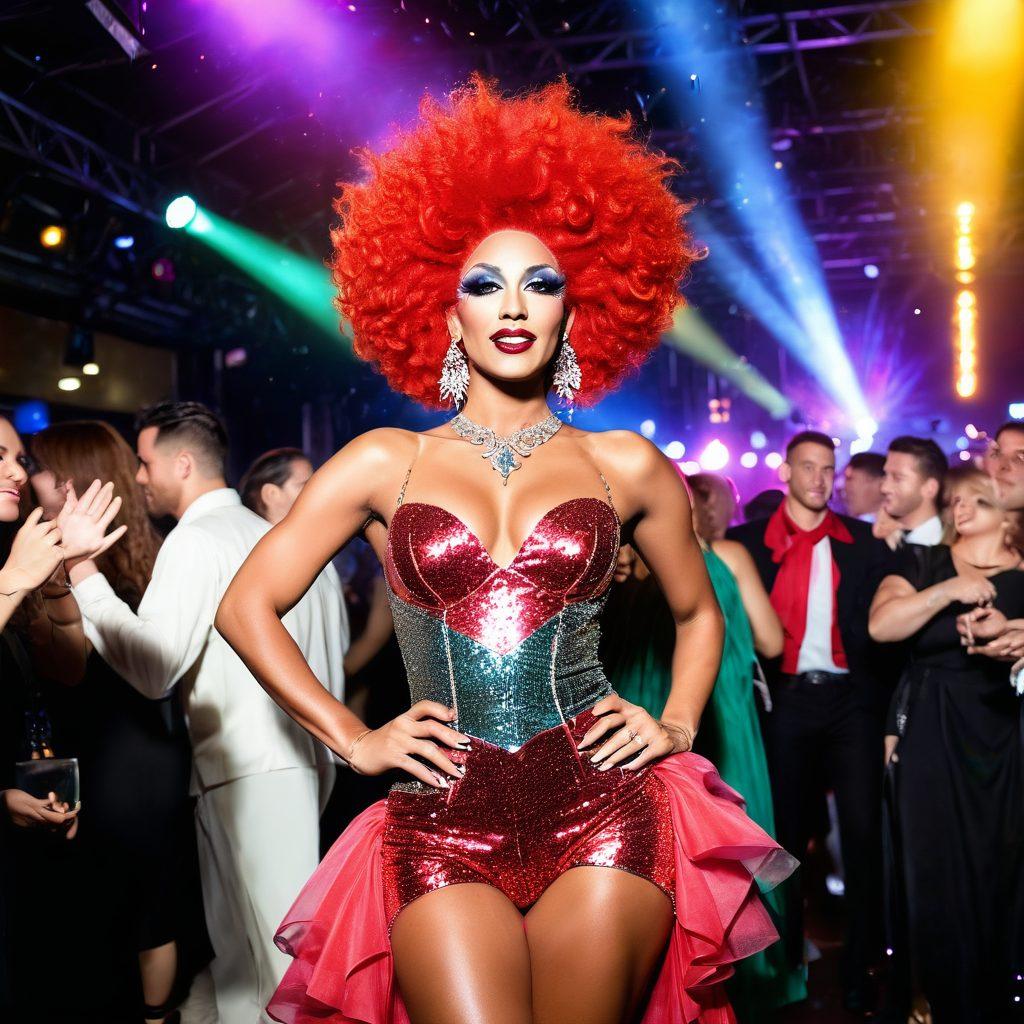 A vibrant nightlife scene showcasing a lively transgender event, with colorful lights, diverse people celebrating, and a stage spotlighting a fabulous drag performer. Include elements like stylish outfits, glitter, and a bustling crowd enjoying the festivities. The background should feature a city skyline under a starry sky, evoking energy and excitement. super-realistic. vibrant colors. 3D.