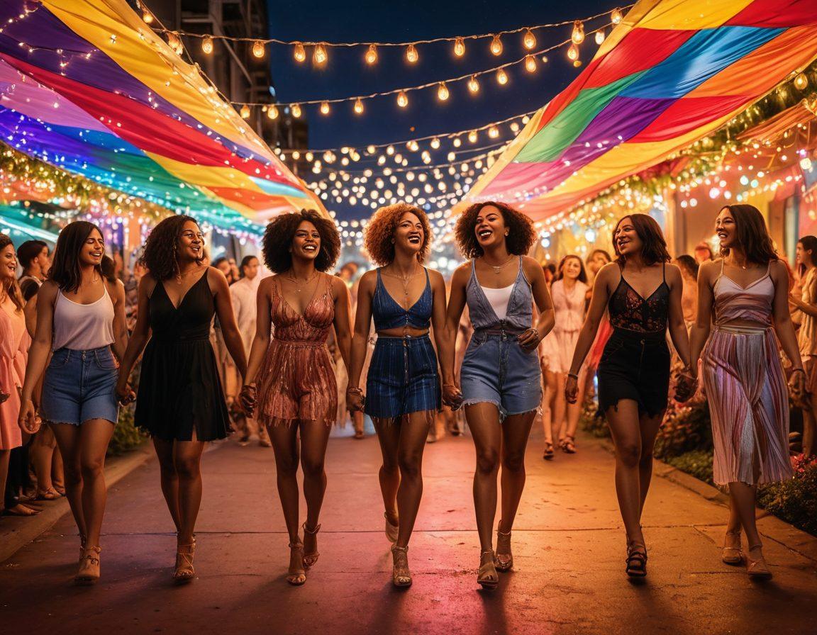 A vibrant night scene featuring a diverse group of transgender individuals joyfully celebrating under colorful lights. The atmosphere is festive with decorations symbolizing unity and pride. Include elements like rainbow flags and a city skyline in the background to reflect a lively gathering. The characters should express happiness and inclusivity, wearing fashionable outfits. super-realistic. vibrant colors. dark background.